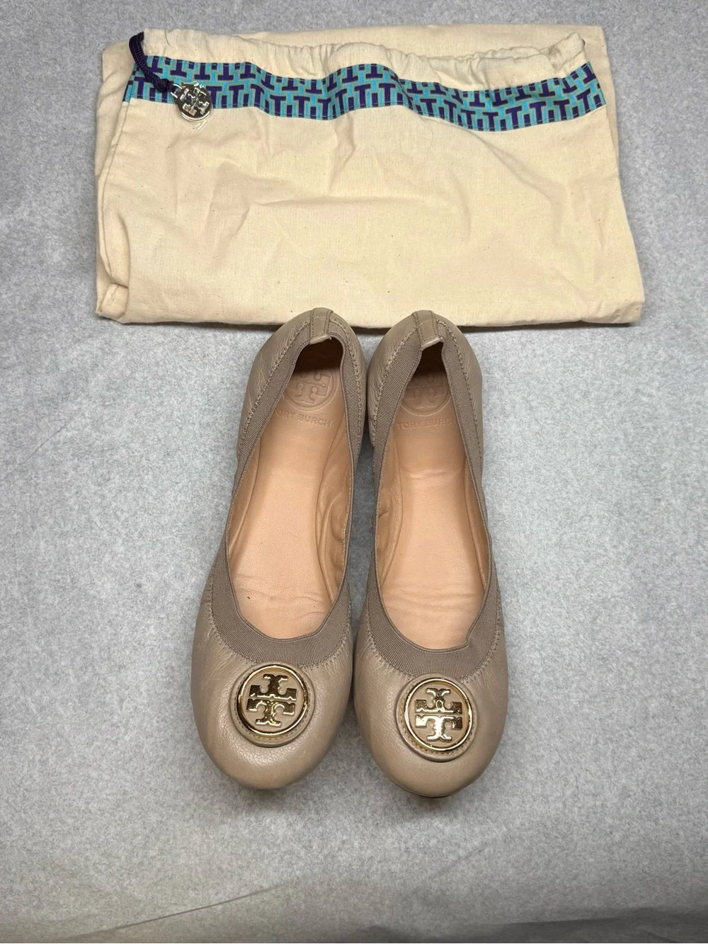 Tory Burch Taupe Leather Logo Ballet Flats
